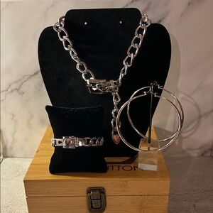 Silver Chain Necklace and Hoop Earrings Set